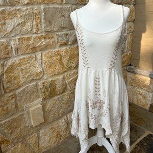 Free People White Flowy, Bohemian Low Back Dress with Light Brown Flower Detail